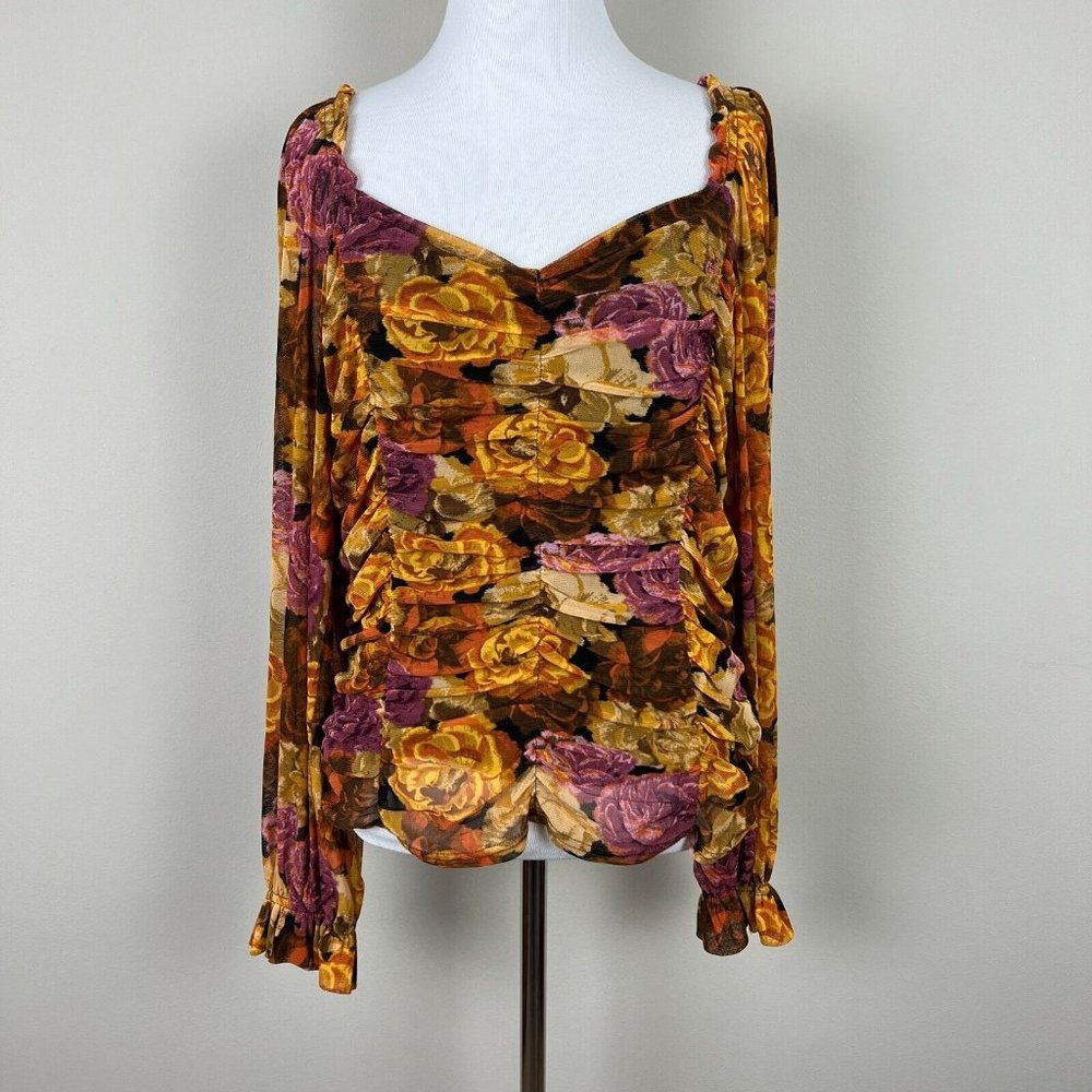 Jane + Delancey Blouse Top Women XL Multicolor Floral Ruched Off Shoulder Sheer‎